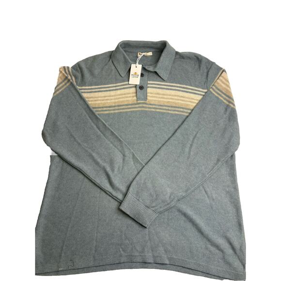 Men’s NWT Marine Layer Elias Polo Sweater Topaz Neutral Stripe Size Large - Picture 1 of 6
